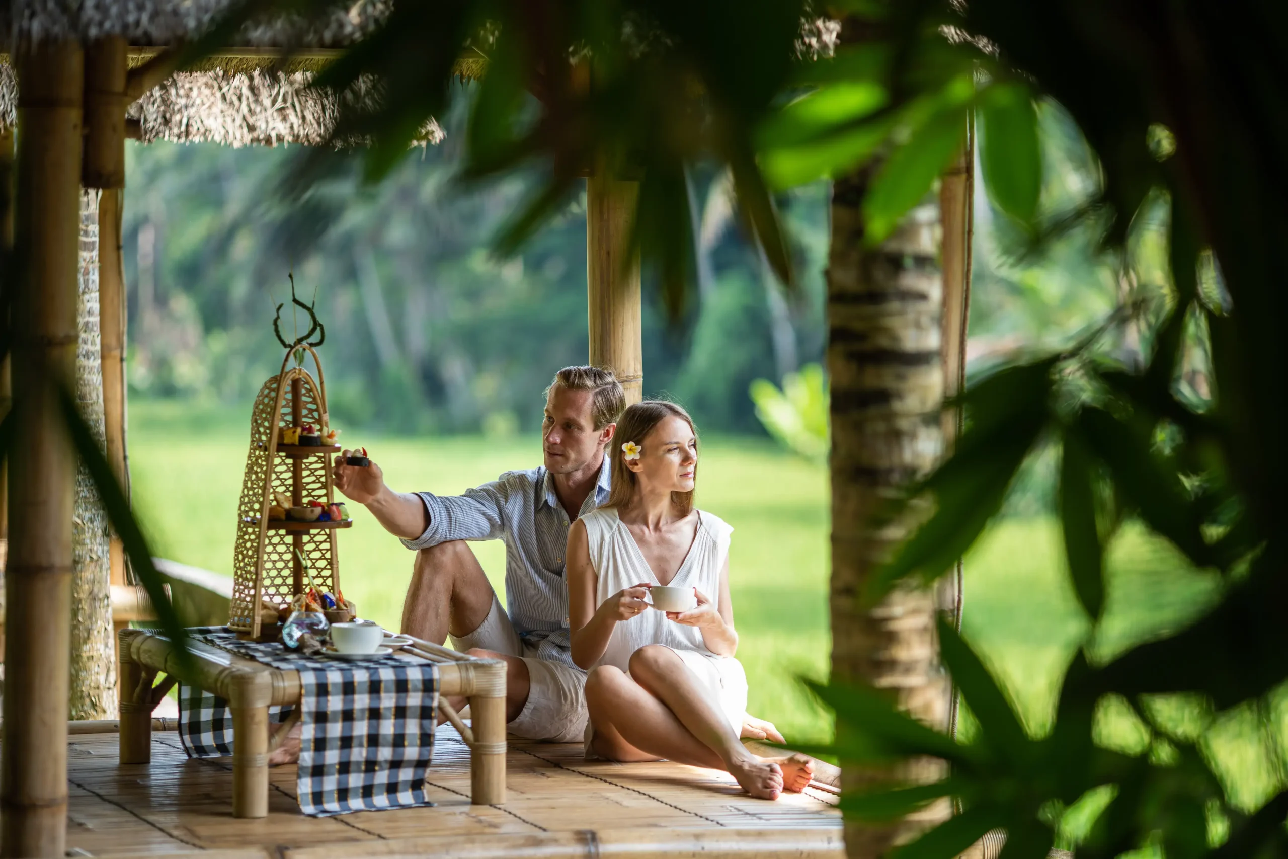 Heavenly High Tea served in a bamboo pavilion overlooking rice fields